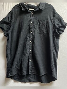 American Eagle Short Sleeve Button Up Linen Blend Shirt Black Plus Size 3X
